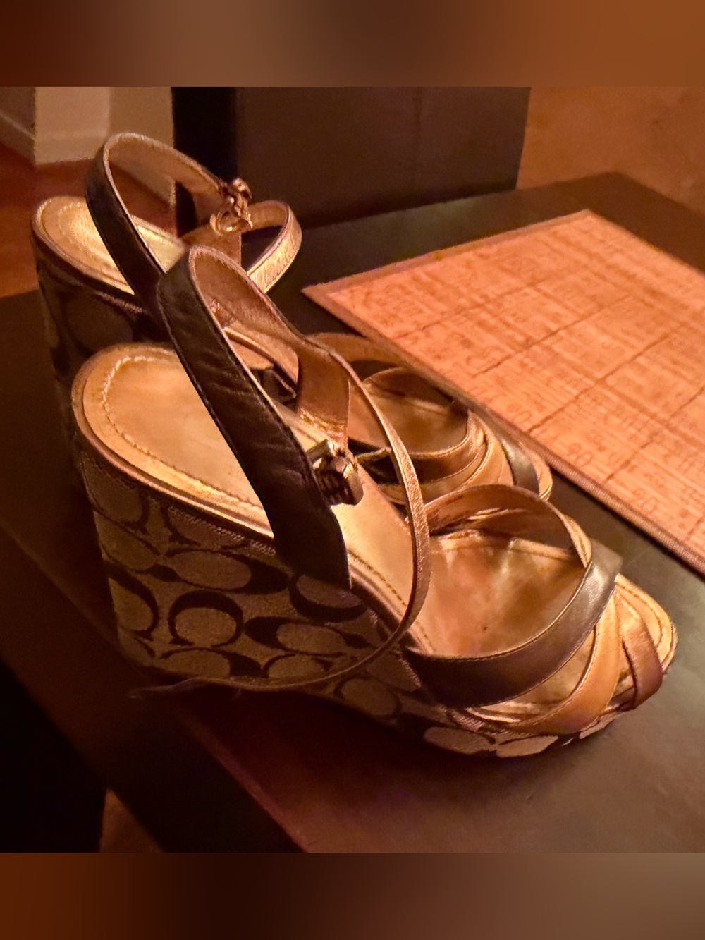Coach Signature C Jacquard Metallic Wedge Sandals 7.5